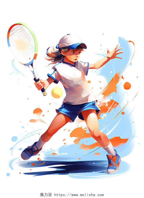 网球插画风格小女孩打网球的场景